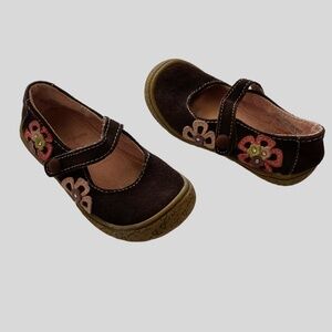 Maggie & Zoe Girls Sz-8 Brown Leather Floral Rhinestone Boho Mary Jane Flats- 8